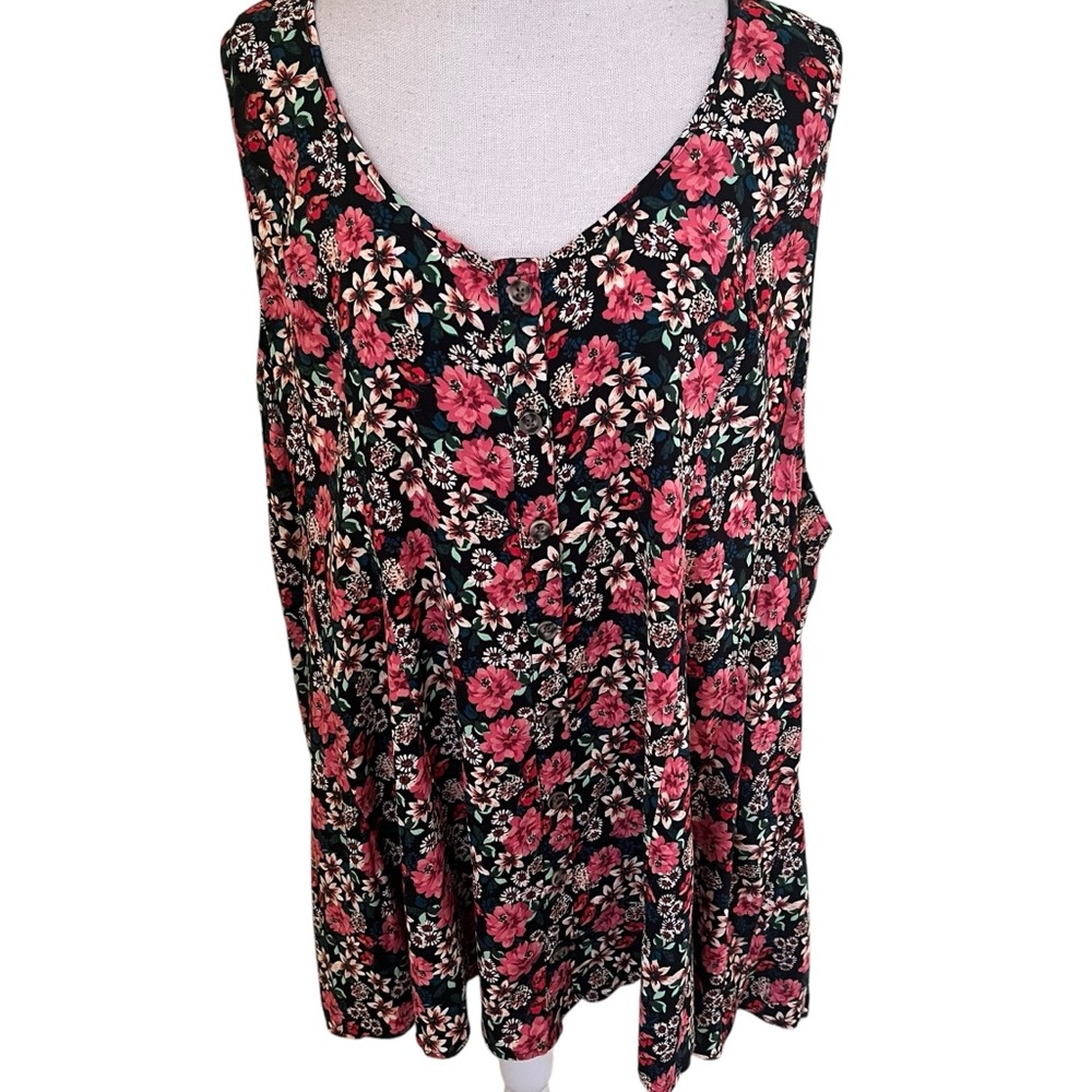 Torrid Black with Pink Floral Woven Button Front Sleeveless Blouse 6X(30)